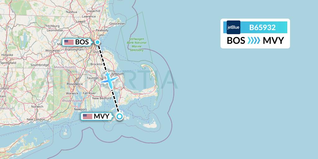 B65932 JetBlue Airways Flight Map: Boston to Martha's Vineyard