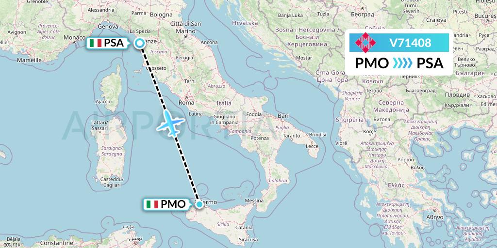 V71408 Volotea Flight Map: Palermo to Pisa