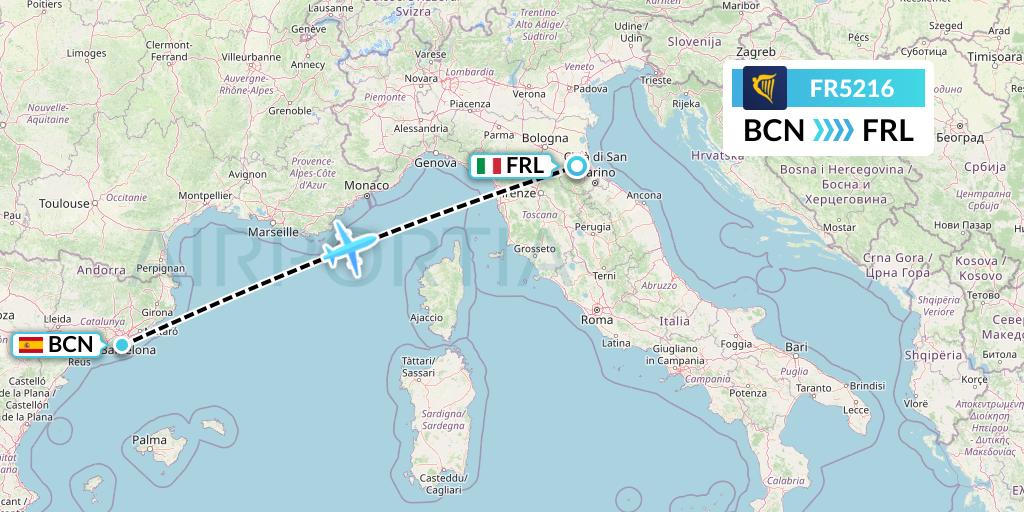 FR5216 Ryanair Flight Map: Barcelona to Forli