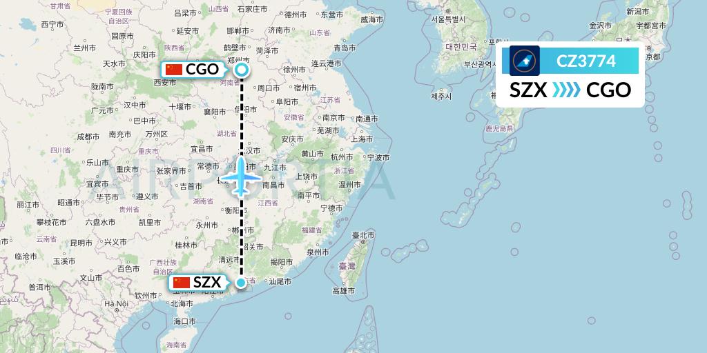 CZ3774 China Southern Airlines Flight Map: Shenzhen to Zhengzhou