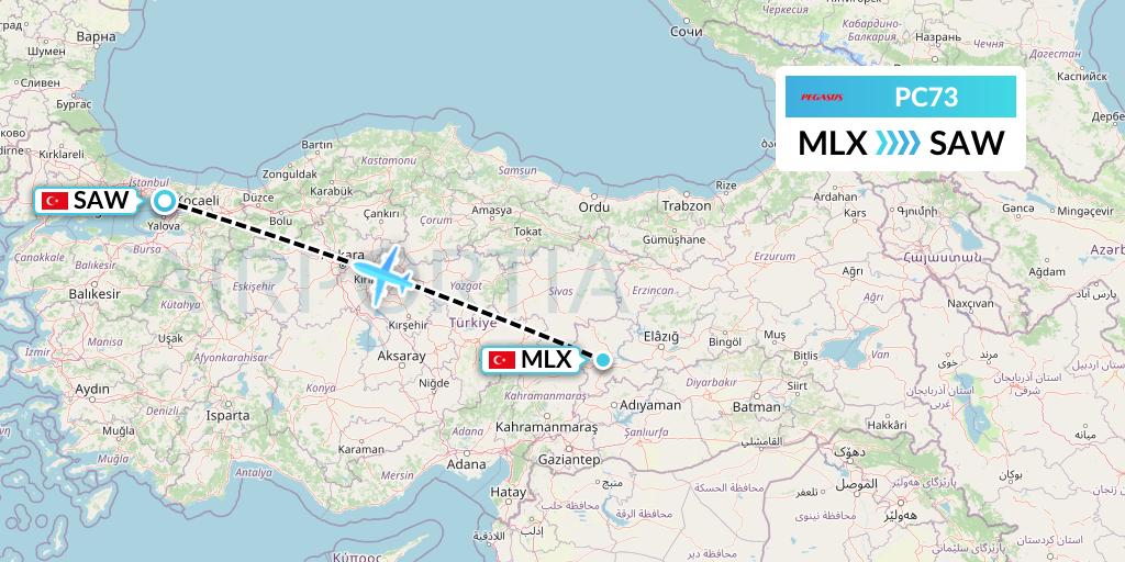 PC73 Pegasus Airlines Flight Map: Malatya to Istanbul