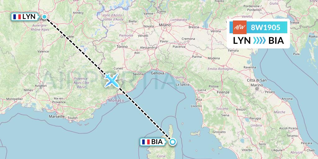8W1905 Fly AllWays Flight Map: Lyon-Bron to Bastia