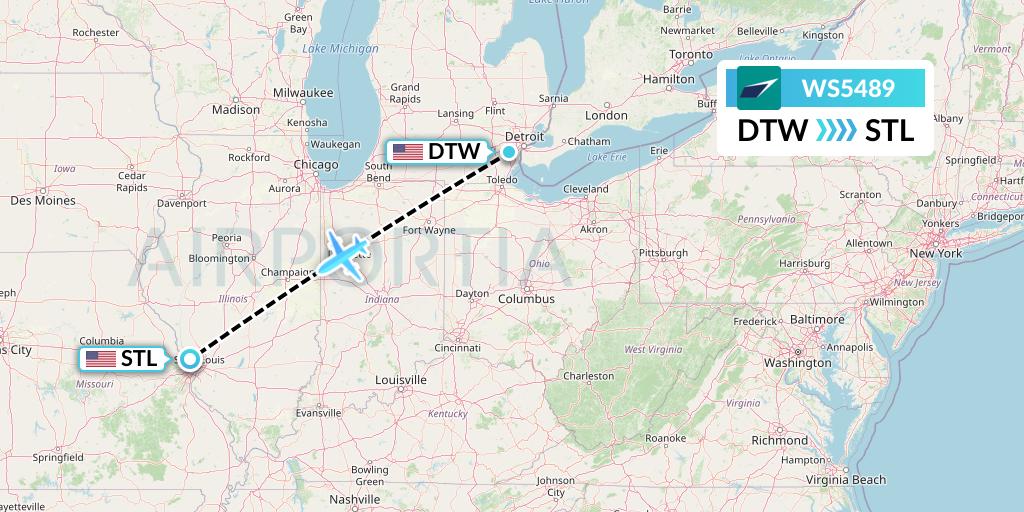 WS5489 WestJet Flight Map: Detroit to St. Louis