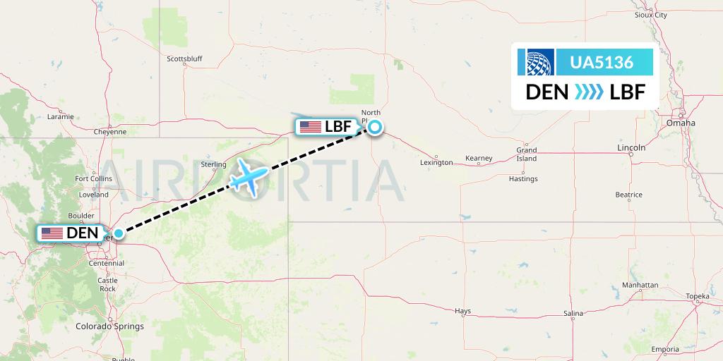 UA5136 United Airlines Flight Map: Denver to North Platte