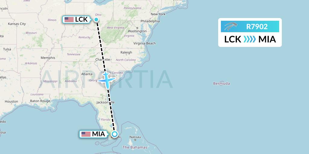 R7902 Aserca Airlines Flight Map: Columbus to Miami