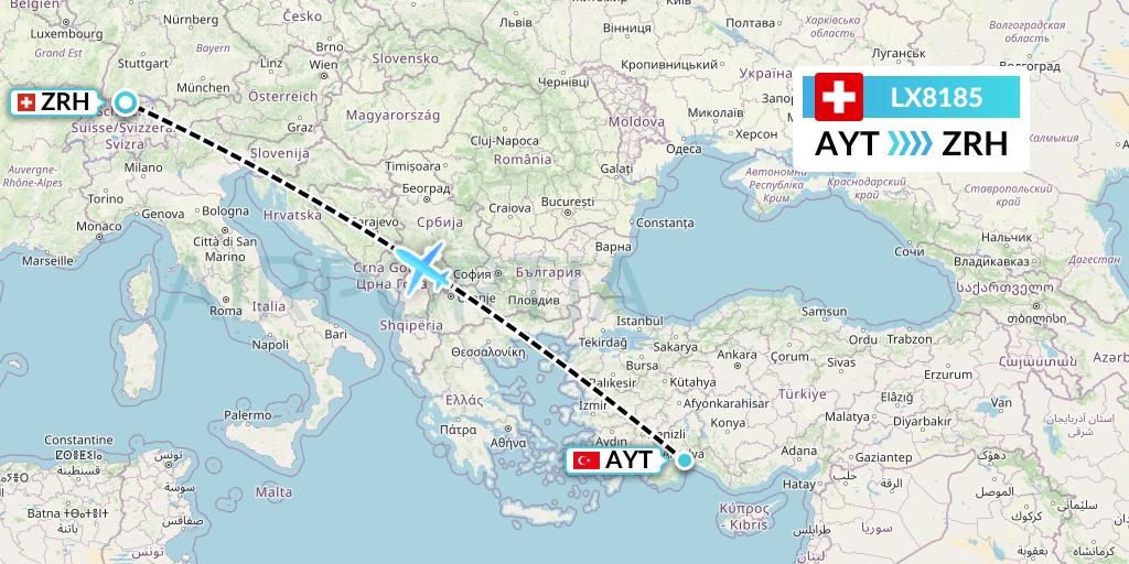 LX8185 Swiss Flight Map: Antalya to Zurich