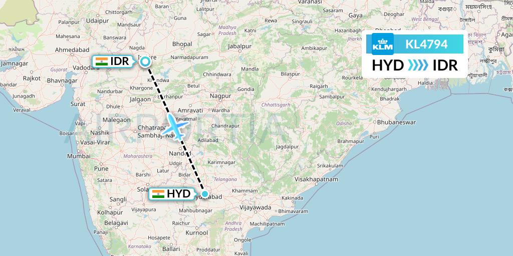 KL4794 KLM Flight Map: Hyderabad to Indore