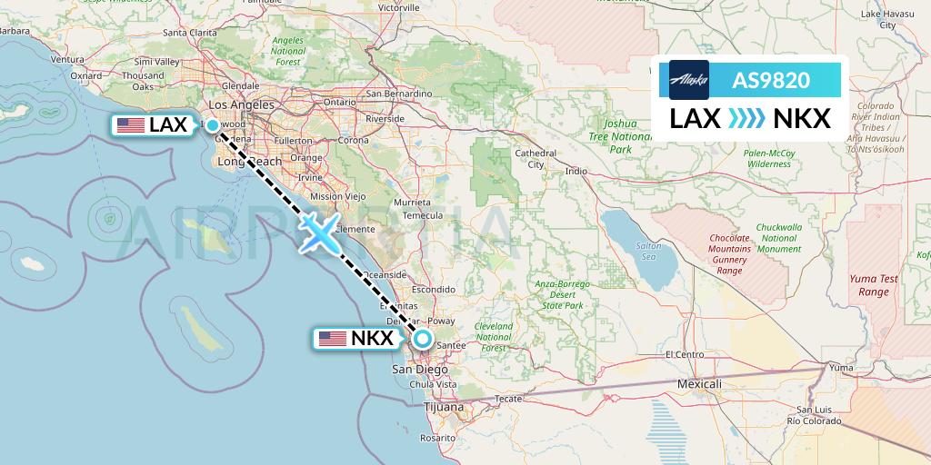 AS9820 Alaska Airlines Flight Map: Los Angeles to San Diego
