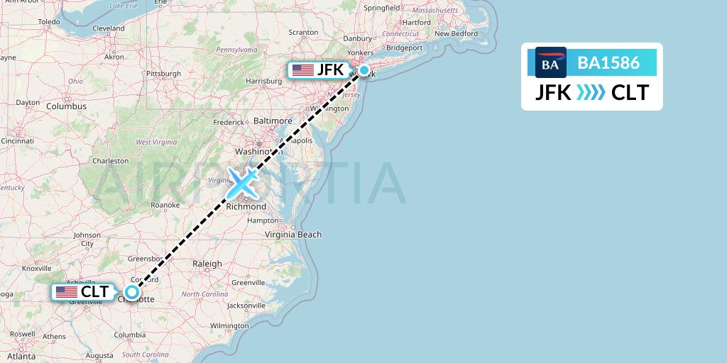 BA1586 British Airways Flight Map: New York to Charlotte