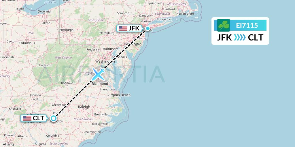 EI7115 Aer Lingus Flight Map: New York to Charlotte