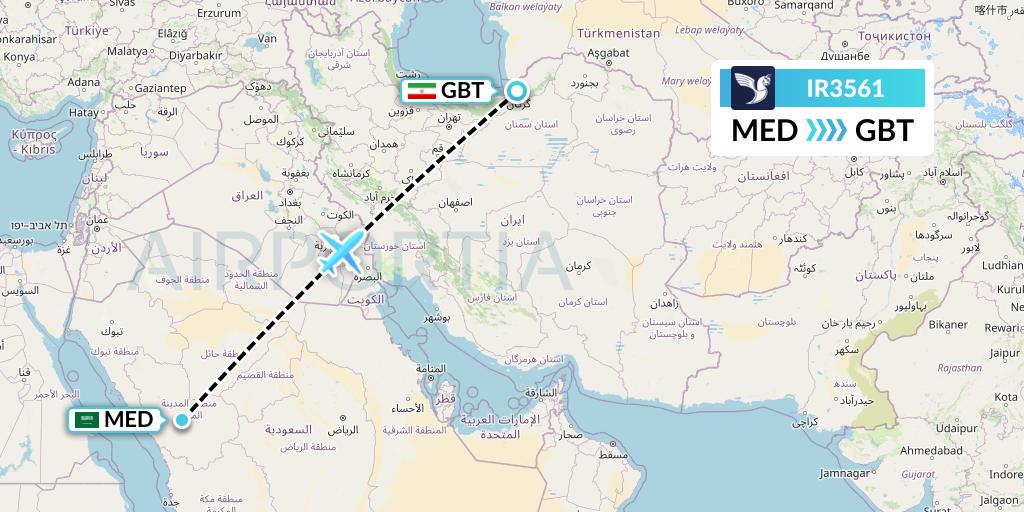 IR3561 Iran Air Flight Map: Medina to Gorgan