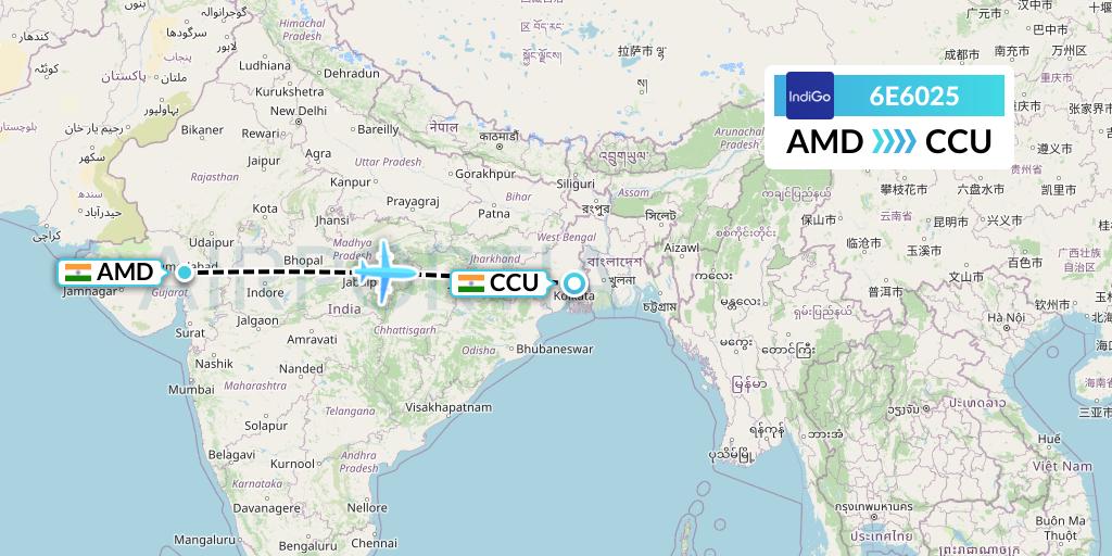 6E6025 IndiGo Airlines Flight Map: Ahmedabad to Kolkata