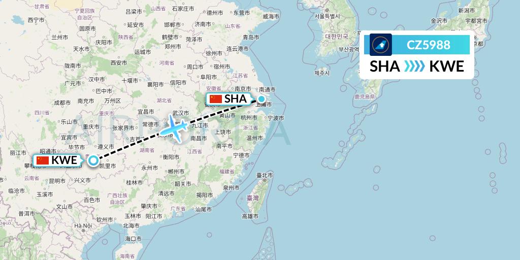 CZ5988 China Southern Airlines Flight Map: Shanghai to Guiyang