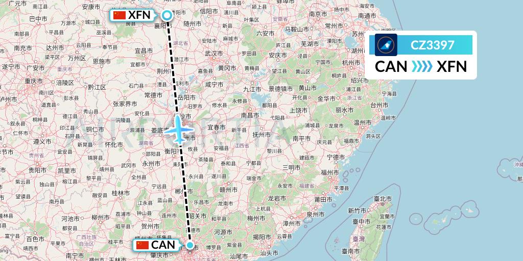 CZ3397 China Southern Airlines Flight Map: Guangzhou to Xiangyang