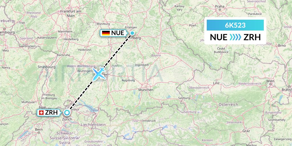 6K523 Songbird Airways Flight Map: Nurnberg to Zurich