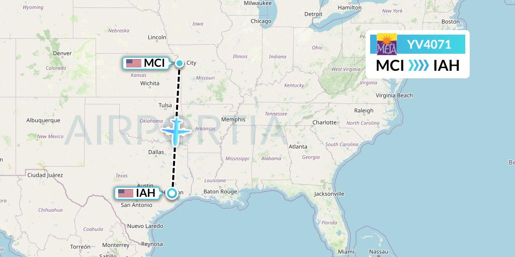YV4071 Mesa Airlines Flight Map: Kansas City to Houston