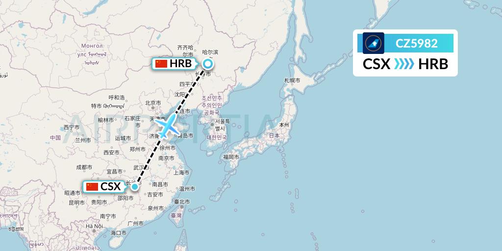 CZ5982 China Southern Airlines Flight Map: Changsha to Harbin