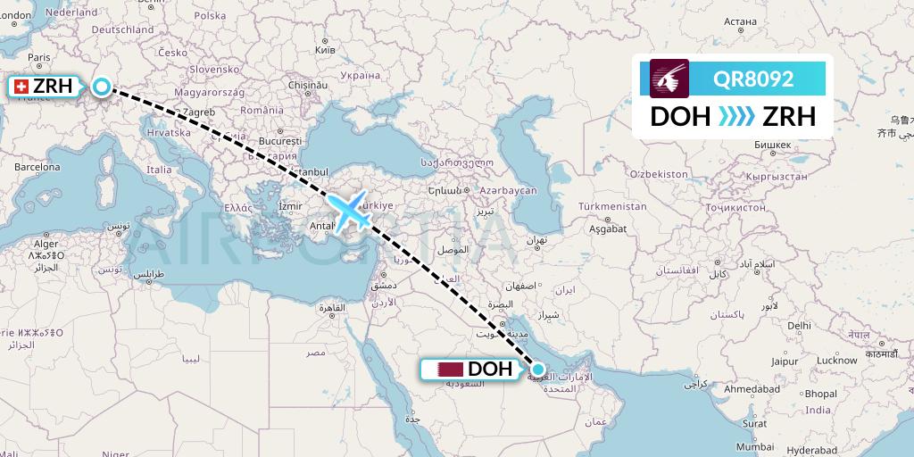 QR8092 Qatar Airways Flight Map: Doha to Zurich