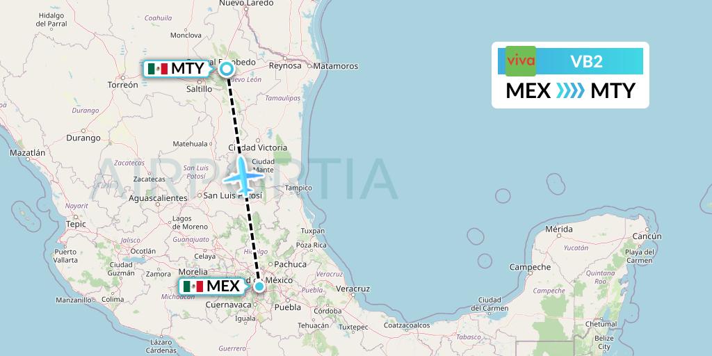VB2 VivaAerobus Flight Map: Mexico City to Monterrey