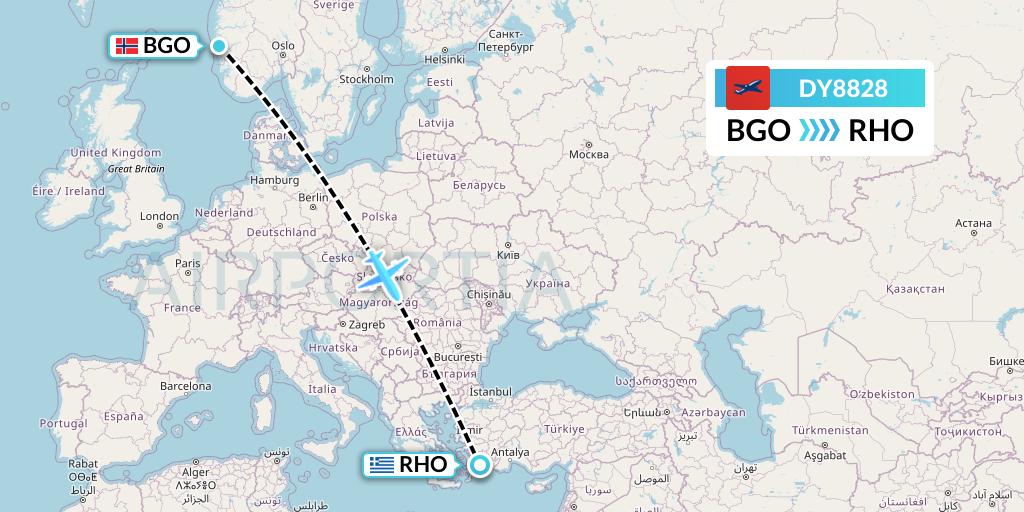 DY8828 Norwegian Flight Map: Bergen to Rhodes