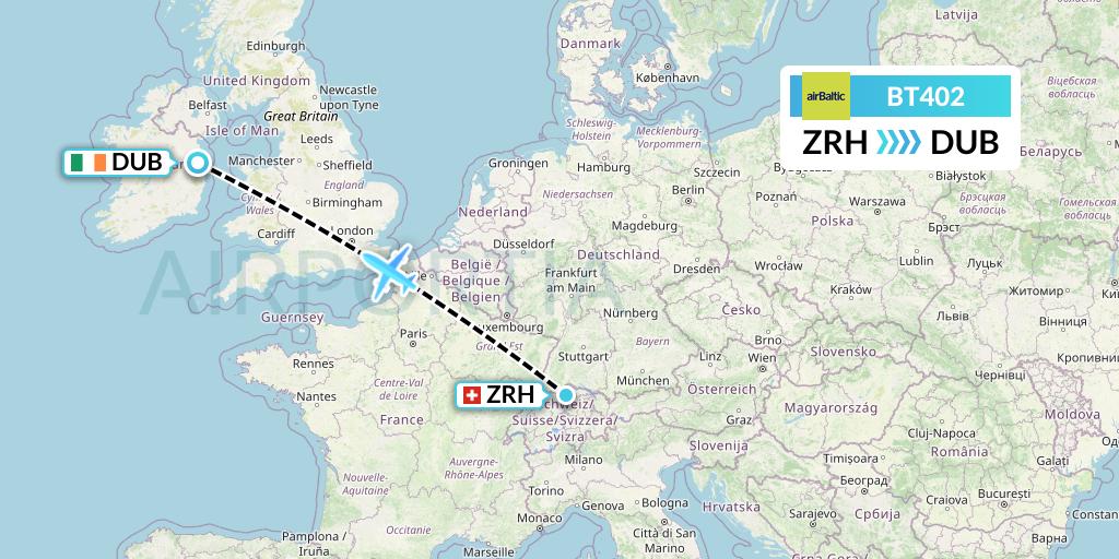 BT402 Air Baltic Flight Map: Zurich to Dublin