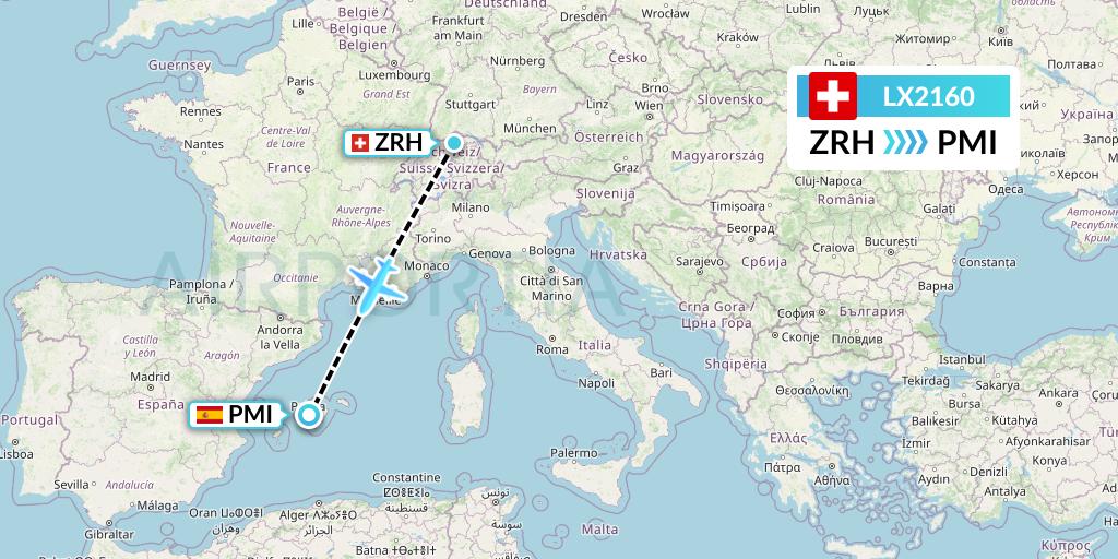 LX2160 Swiss Flight Map: Zurich to Palma de Mallorca