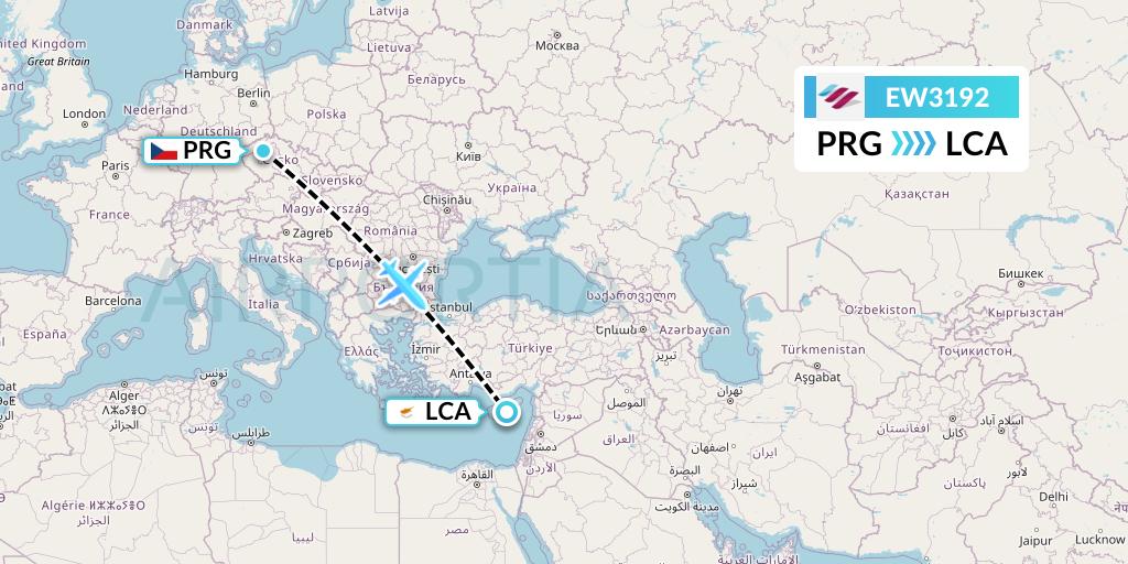 EW3192 Eurowings Flight Map: Prague to Larnaca