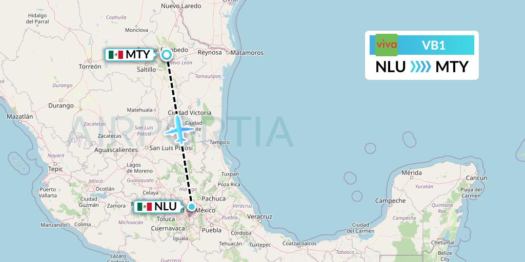 VB1 VivaAerobus Flight Map: Reyes Acozac to Monterrey