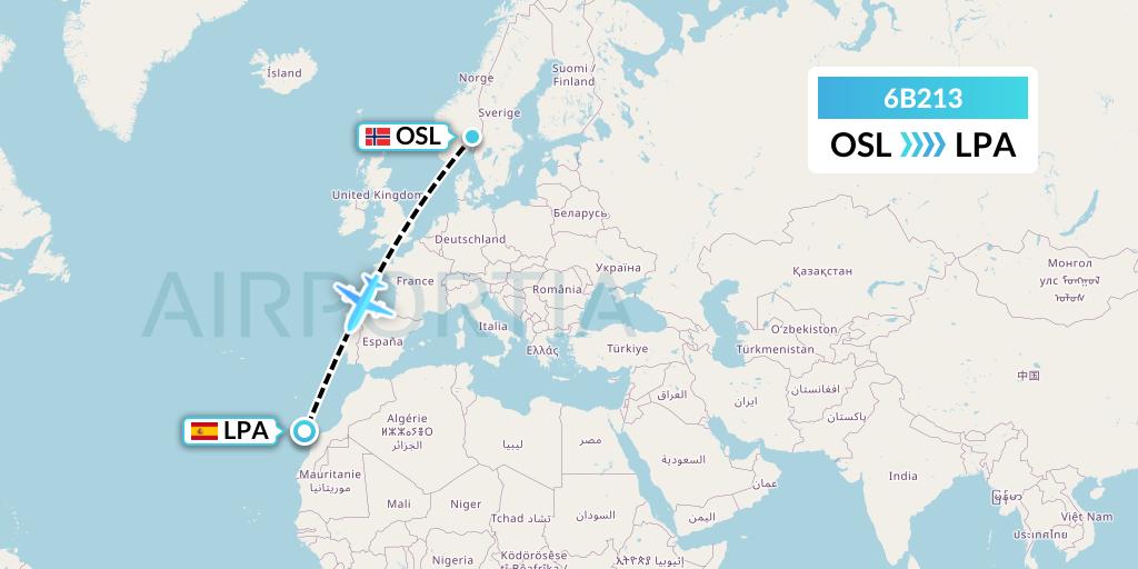 6B213 TUI fly Nordics Flight Map: Oslo to Las Palmas