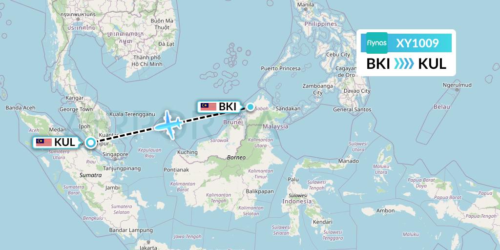 XY1009 Flynas Flight Map: Kota Kinabalu to Kuala Lumpur