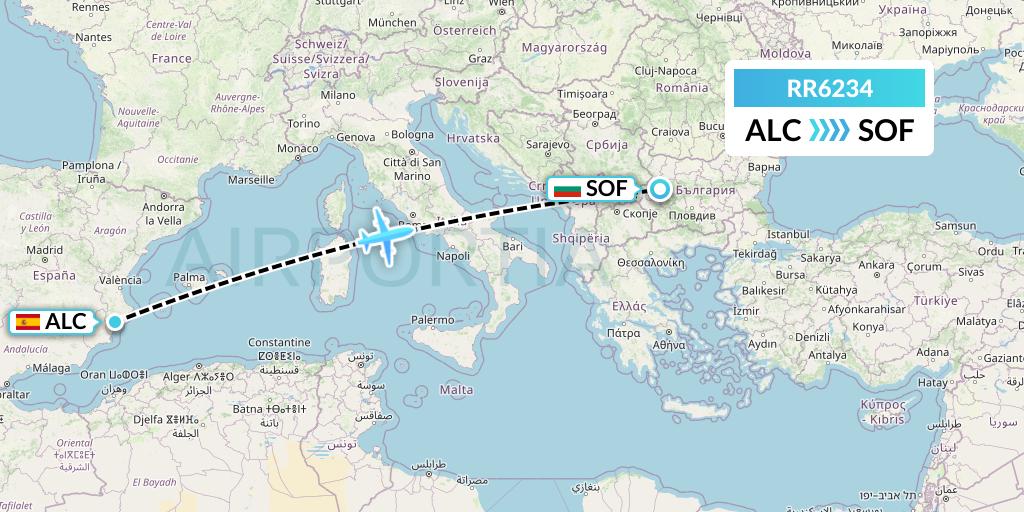 RR6234 Royal Air Force Flight Map: Alicante to Sofia
