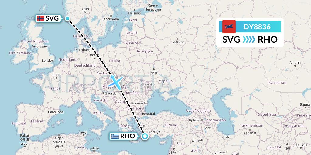 DY8836 Norwegian Flight Map: Stavanger to Rhodes