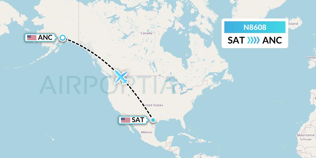 N8608 National Airlines Flight Map: San Antonio to Anchorage