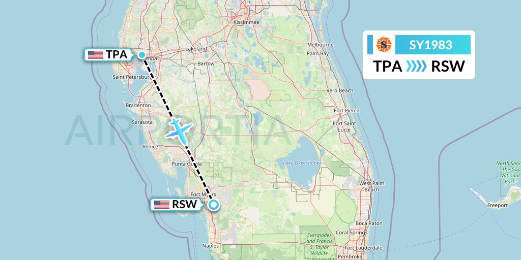 SY1983 Sun Country Airlines Flight Map: Tampa to Fort Myers