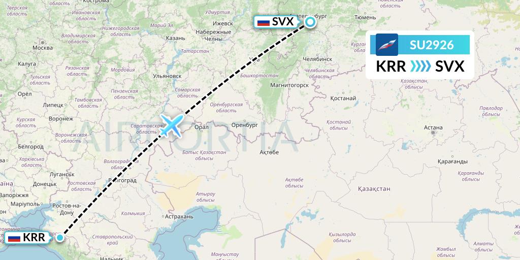 SU2926 Aeroflot Flight Map: Krasnodar to Yekaterinburg