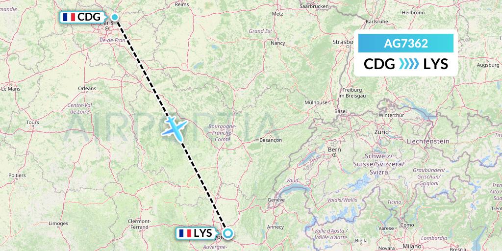 AG7362 Aruba Airlines Flight Map: Paris to Lyon
