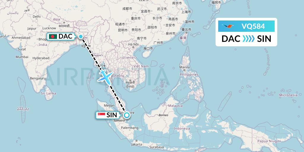 VQ584 Novoair Flight Map: Dhaka to Singapore