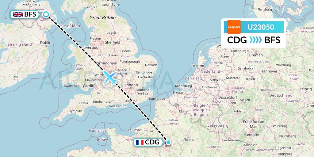 U23050 EasyJet Flight Map: Paris to Belfast