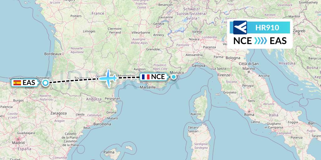 HR910 Hahn Air Flight Map: Nice to San Sebastian