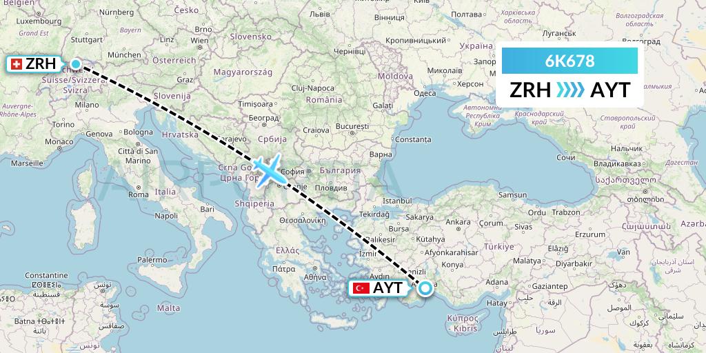 6K678 Songbird Airways Flight Map: Zurich to Antalya