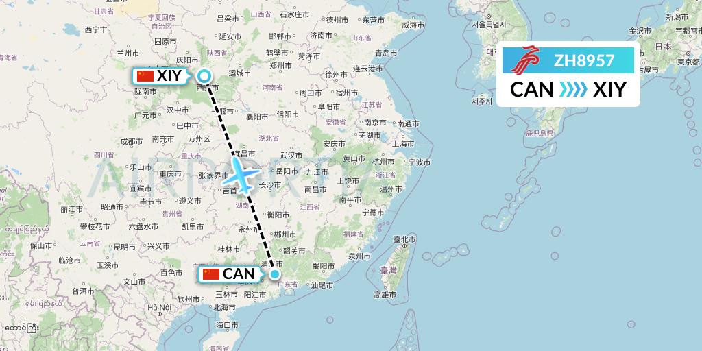 ZH8957 Shenzhen Airlines Flight Map: Guangzhou to Xi'an