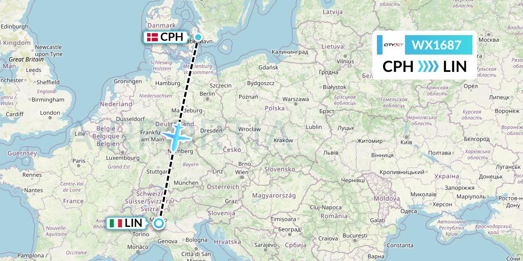 WX1687 Cityjet Flight Map: Copenhagen to Milan