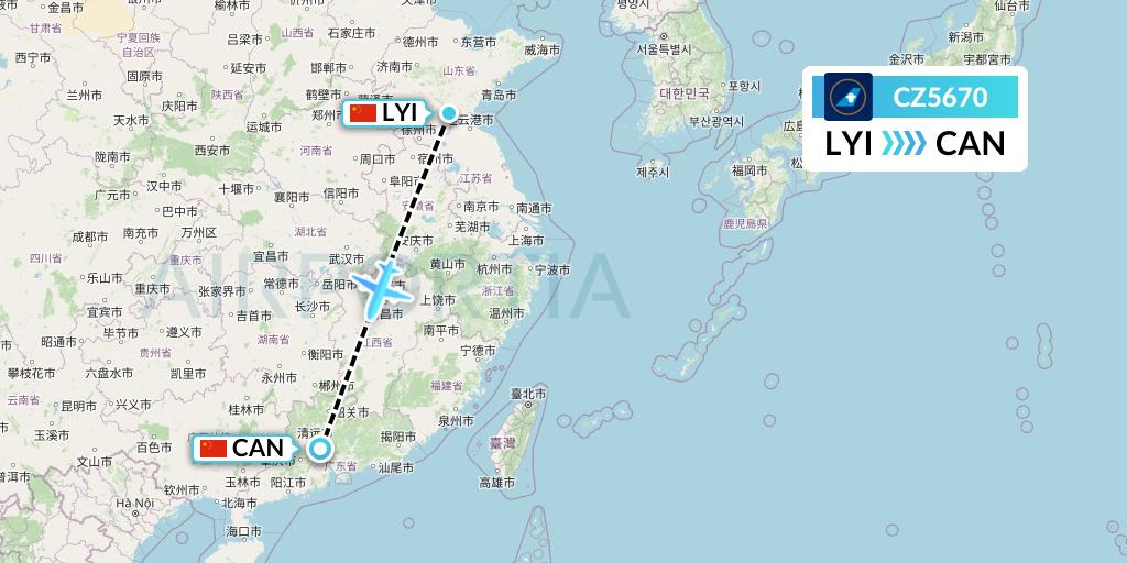 CZ5670 China Southern Airlines Flight Map: Linyi to Guangzhou