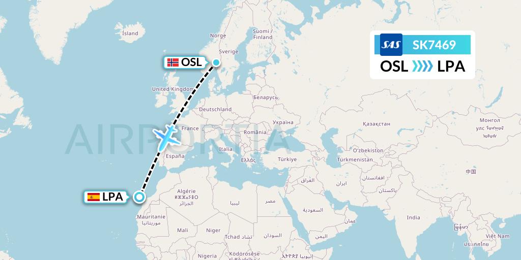 SK7469 SAS Flight Map: Oslo to Las Palmas