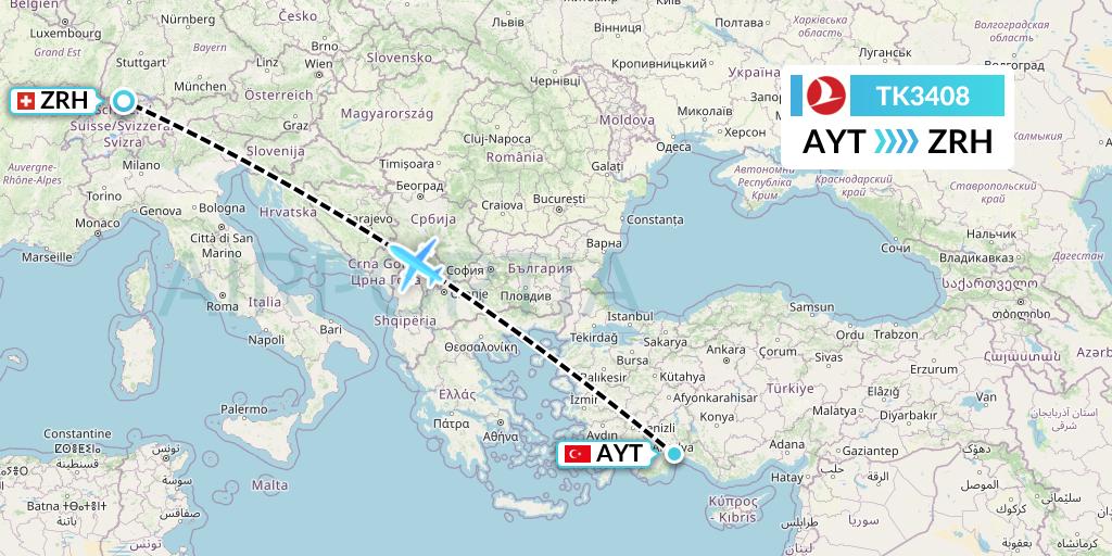 TK3408 Turkish Airlines Flight Map: Antalya to Zurich