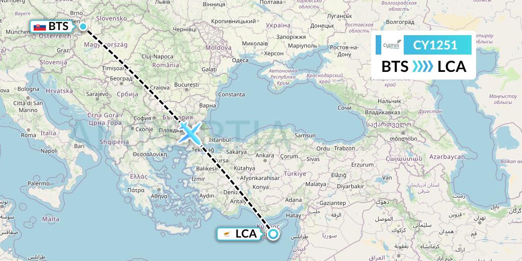 CY1251 Cyprus Airways Flight Map: Bratislava to Larnaca
