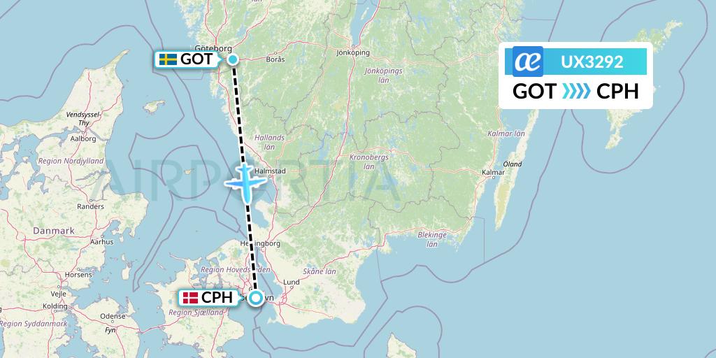 UX3292 Air Europa Flight Map: Gothenburg to Copenhagen