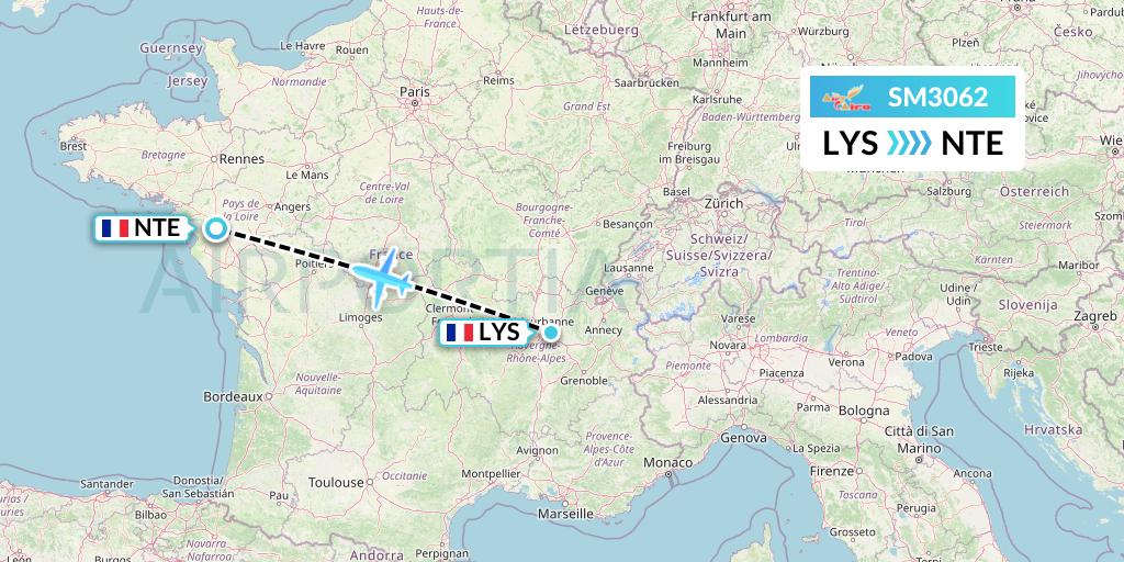 SM3062 Air Cairo Flight Map: Lyon to Nantes