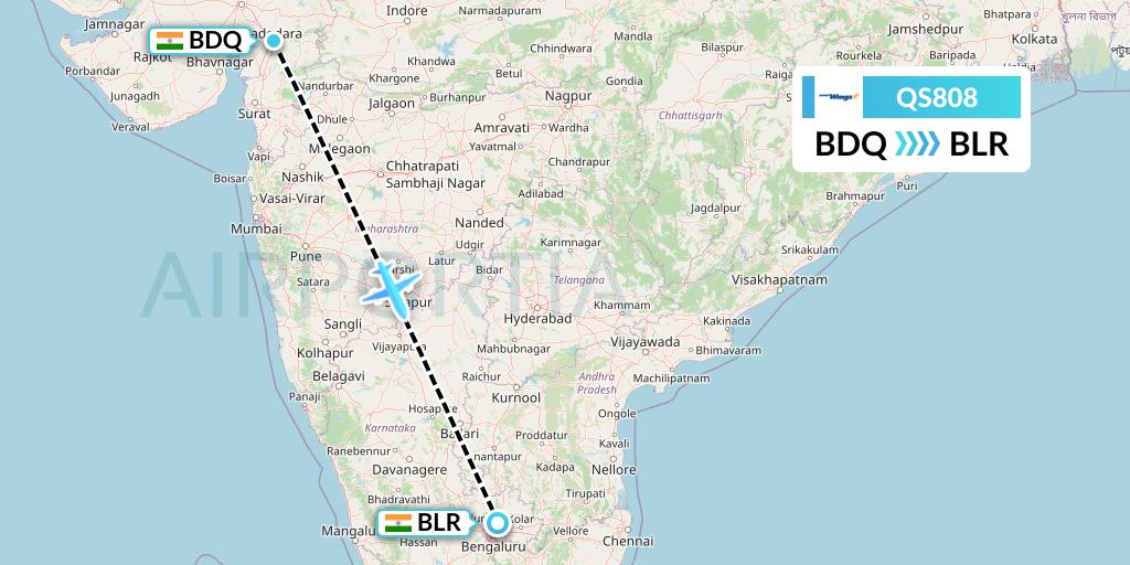 QS808 Smartwings Flight Map: Vadodara to Bangalore