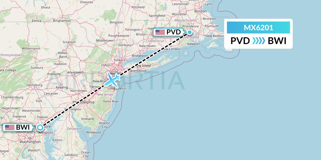 MX6201 Breeze Airways Flight Map: Providence to Baltimore